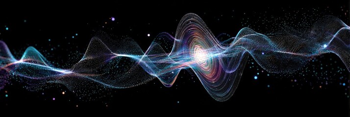 Abstract wave patterns with glowing particles in a dark space.  A dynamic, ethereal image features flowing, translucent.