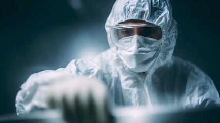 A scientist in full protective gear performs a meticulous examination in a sterile environment