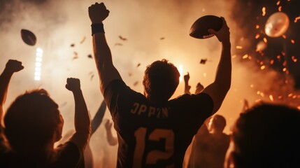 Celebration of victory japan's rugby team triumphs stadium sports event nighttime emotional viewpoint team spirit