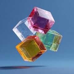 Four translucent, colorful cubes, seemingly floating in mid-air against a muted blue background.  Each cube displays a unique hue