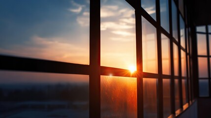 Fototapeta premium Corporate office sunset view through black-framed windows with warm light and shadows, modern business background for design, presentation, and advertising