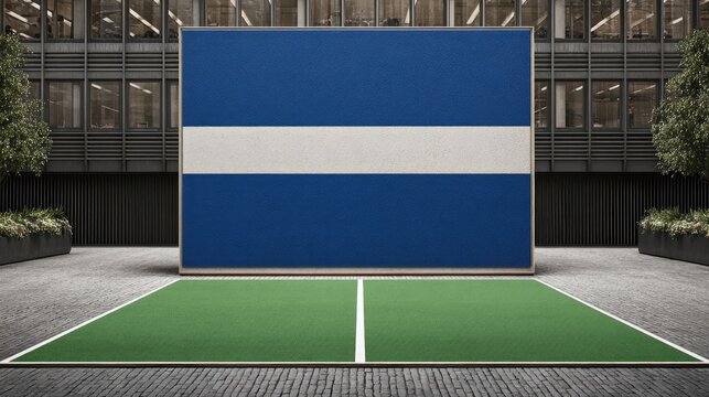 Large blue and white panel, urban setting