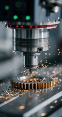 Precision machining of a gear.  Close-up of a CNC milling machine cutting a gear.  Metal chips fly from the cutting tool.  The machine is modern, with controls and lights.  