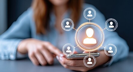 Person using phone with glowing network of interconnected people icons