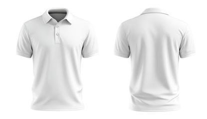 Front and back view of a plain white polo shirt.  Short sleeves, collared, and a button-down placket