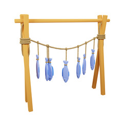 Fish drying rack, Fish being dried on the rope - 3D render