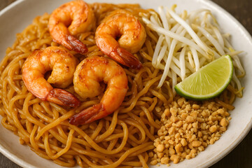 Pad Thai Udang dengan Toge, Kacang, dan Jeruk Nipis