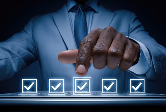 Businessperson in light blue suit touches glowing checkboxes on a digital interface - Powered by Adobe