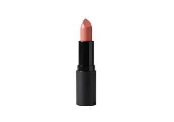 A single tube of peachy nude lipstick with a black base on a transparent background