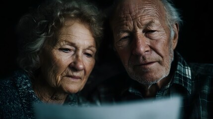 An elderly couple gazes intently at a document or screen sharing a moment of serious reflection or concern in a dimly lit setting