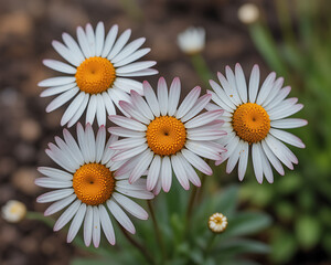 Obraz premium Four white daisies with yellow centers in bloom flowers