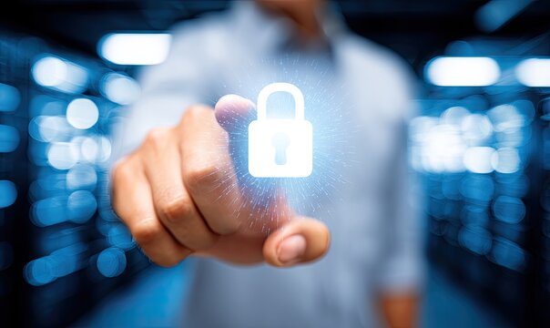 A person's finger points at a glowing lock icon in a server room
