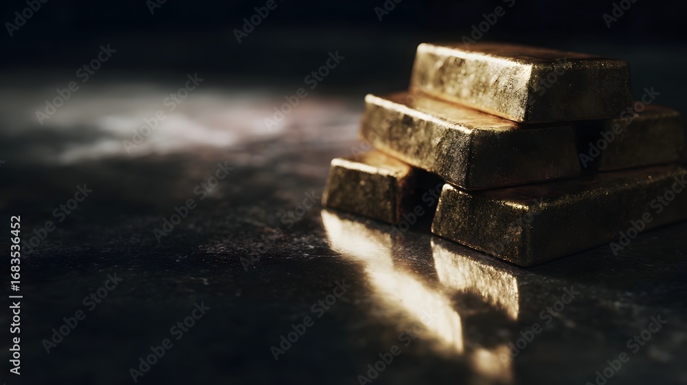 Poster stacked gold bars gleam brightly on a dark reflective surface creating a powerful symbol of wealth l