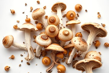 mushrooms are scattered. mushrooms on a long stem are scattered on a white surface