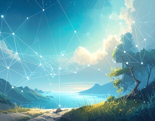 A tranquil vista of mountains, a lake, and trees, connected by a network of light lines against a serene sky.