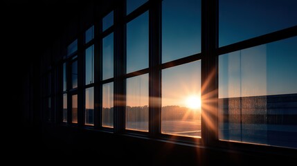 Fototapeta premium Corporate office sunset view through black-framed windows with warm light and shadows, modern business background for design, presentation, and advertising