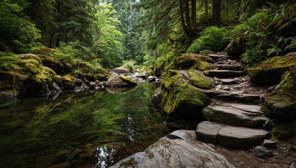 Forest path dips to a still creek. Lush greenery surrounds a mossy stone pathway