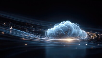 Abstract cloud graphic, digital design.  A light-blue, 3D cloud form, seemingly composed of connected points,  is centered in a swirling.