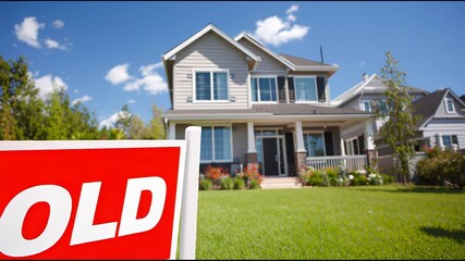 New home sold sign in front of a charming house, marking a fresh start for new homeowners
