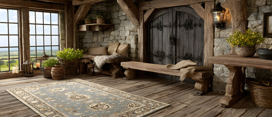 Obraz premium A rug in a rustic room with wooden floors, stone walls, and large windows.