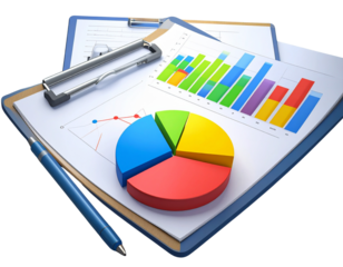 3D illustration of a clipboard displaying colorful pie and bar charts, symbolizing da  