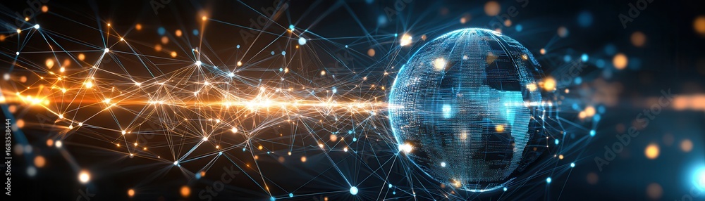 Poster a digital globe connected by glowing lines, representing technology and data integration across the 
