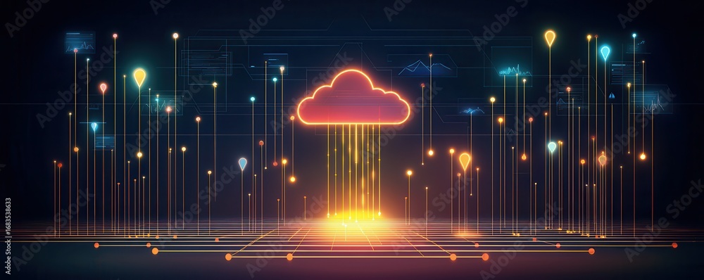 Poster a vibrant digital representation of a cloud with data streams, symbolizing cloud computing and conne