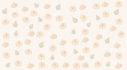Autumn background with decorative pumpkins scattered on beige field. Soft pastel palette of orange, green and beige tones creates cozy seasonal atmosphere