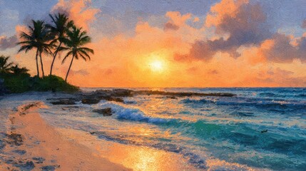 Tropical sunset beach scene, painted effect