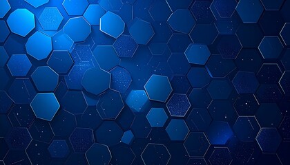 A deep blue backdrop showcases a repeating pattern of hexagonal shapes, illuminated by subtle lighting, creating a technological and futuristic aesthetic.