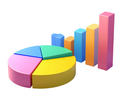 3D illustration of a clipboard displaying colorful pie and bar charts, symbolizing da
