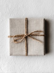 A light beige gift box, tied with a natural twine bow, sits atop a textured white surface