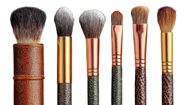 Row of makeup brushes, various shapes and handles