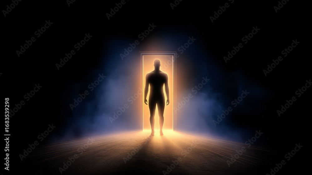 Poster man stands in front of a door with a glowing light behind him. the scene is dark and mysterious, wit