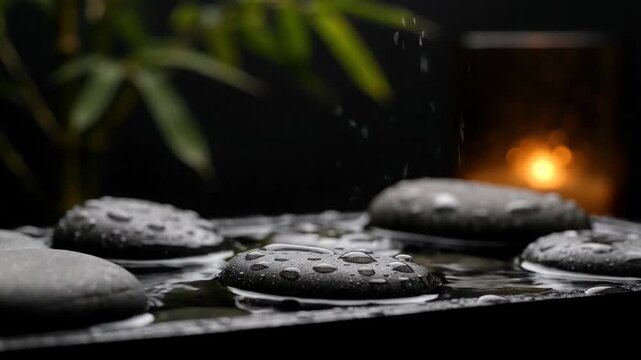 Relaxing ambiance of candles and stones in a serene garden during rainfall at night 