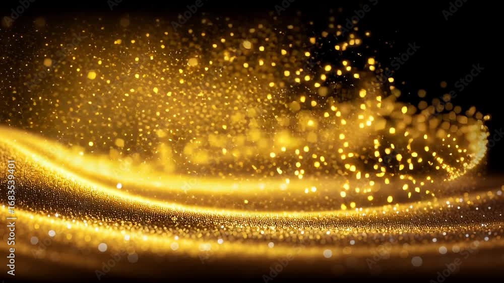 Poster Dynamic golden particle wave with curved flowing lines and scattered glowing dots against black background. Sparkling motion trail with depth and movement