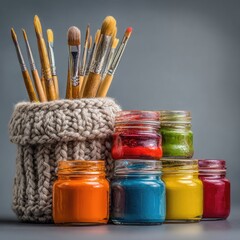Artistic paintbrushes and jars of colorful paint, displayed in a studio setting.  A collection of various sizes and styles of paintbrushes are nestled in a knitted holder.