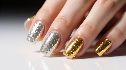 Close-up of manicured nails adorned with gold and silver glitter