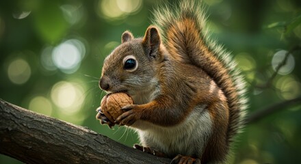 Obraz premium A red-brown squirrel, clutching a nut, sits on a branch with blurred green foliage in the background. Sunlight filters through leaves