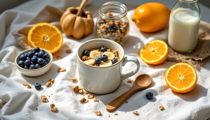 Healthy breakfast bowl with blueberries and oranges rustic kitchen food photography bright lighting