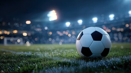 Obraz premium Soccer ball on a field at night, stadium lights