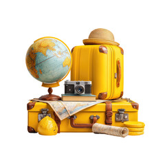 Obraz premium Yellow travel accessories displayed on vintage suitcases