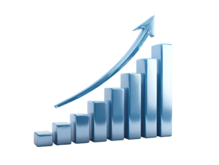 3D graphic of a rising bar chart.  A stylized, light-blue, metallic bar chart displays a significant upward trend.  A  bright blue arrow points to the peak