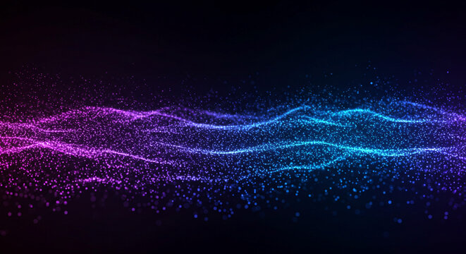 Dynamic abstract background depicting a merging flow of sparkling particles and binary code in vibrant magenta and cyan, symbolizing data transfer, digital information.