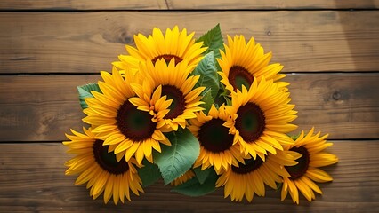 Sunflower arrangement on a rustic wooden surface with warm yellow tones.