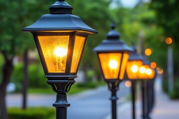 A row of stylish street lamps illuminates a serene pathway, showcasing warm light against a lush green backdrop.