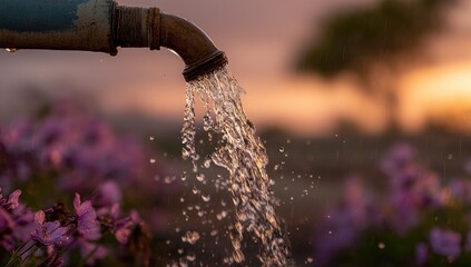 Water flows from a rustic pipe, splashing gently amidst vibrant purple flowers, bathed in golden sunset light