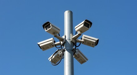 Security Cameras Mounted on Metal Pole Against Blue Sky