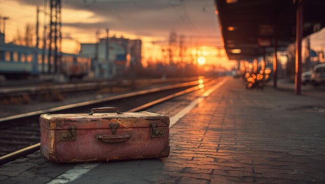 An old suitcase sits on a train platform at sunset