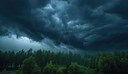 Dark, dramatic storm clouds over a dense forest